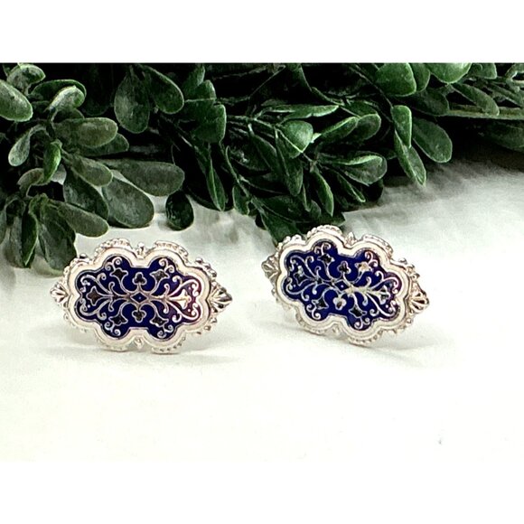 Silver Tone with Blue Enamel Design Cufflinks - Picture 2 of 6